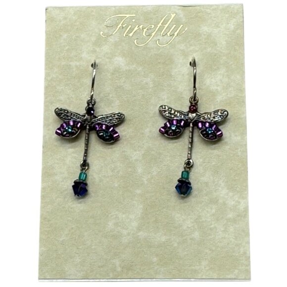 Firefly Dragonfly Dangle Earrings With Purple & Teal Beads On Silver-Tone Hooks - Picture 1 of 5